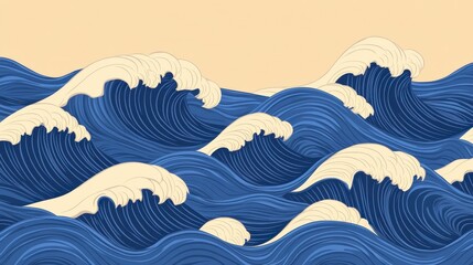 Fototapeta premium Abstract Blue Waves with Creamy White Foam on Sandy Background