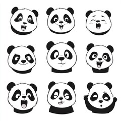 Fototapeta premium Cartoon illustrations of cute panda bear faces with various expressions