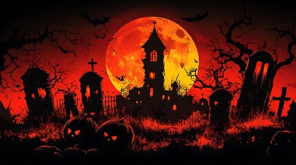 Spooky Halloween graveyard scene with haunted house, pumpkins, and blood red moon.