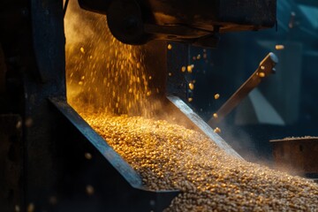 Golden Grains Cascade from Industrial Machinery in Warm Light