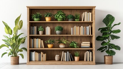 An elegant bookshelf decorated with varied green plants and a diverse selection of books for home aesthetics