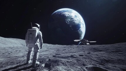 Fototapeta premium Astronaut on Moon Gazing at Earth and Spaceship