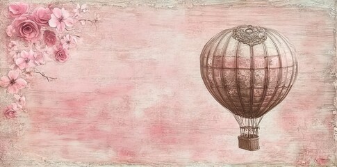 A vintage hot air balloon floats among pink flowers and wood