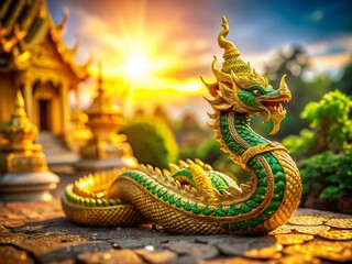 Obraz premium Miniature Golden Naga Serpent of Thailand, Mythical Creature, Tilt-Shift Photography