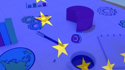 Animation of colorful business icons and charts with European Union stars overlay - Powered by Adobe