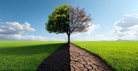 a tree on the left half of an illustration is split in two, with one side green and healthy, full of leaves and sunlight