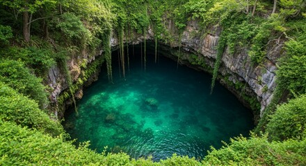Naklejka premium Lush greenery surrounds a deep, teal cenote.