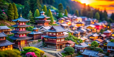 Obraz premium Miniature Japanese Village, Macro Photography, Asian Architecture, Detailed Craftsmanship, High Depth of Field