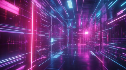 Obraz premium Pink Purple Blue Neon Lights Abstract Digital Tunnel