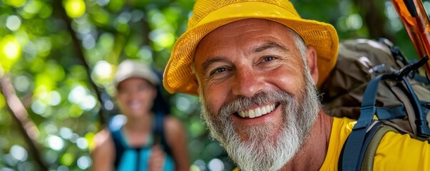 Two cheerful elderly individuals embark on a revitalizing hike through nature's splendor, their adventurous spirits shining brightly A seasoned man with a distinguished white beard beams at the