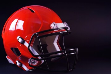 A shiny orange football helmet displayed against a dark background