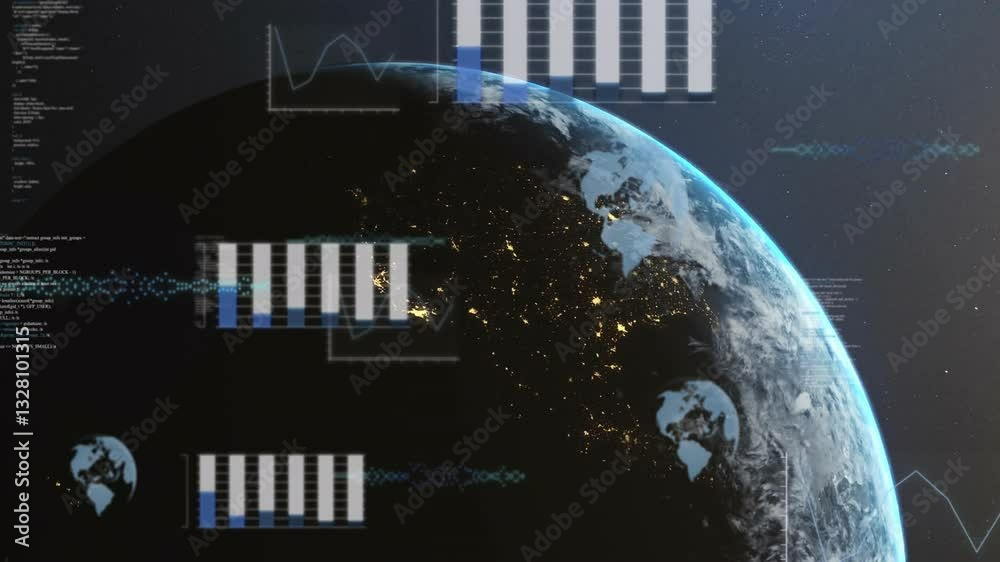 Wall mural animation of earth with data charts overlaying continents in space view