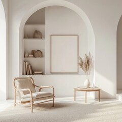Minimalist living room with arched alcove, armchair, and pampas grass.