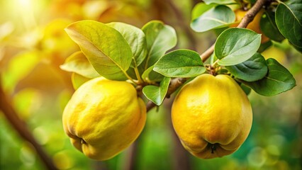 Obraz premium Miniature Quince Fruit on Branch with Leaves - Copy Space for Text - Tilt-Shift Photography