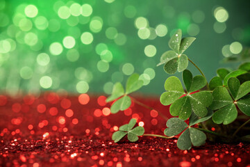  St. Patricks Day abstract green bokeh lights background. Unfocused abstract red glitter holiday background. St. Patricks Day design element. Mock up.
