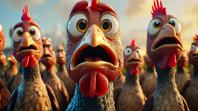 Flock of cartoon chickens displaying expressions of fear in a vibrant rural setting during sunset