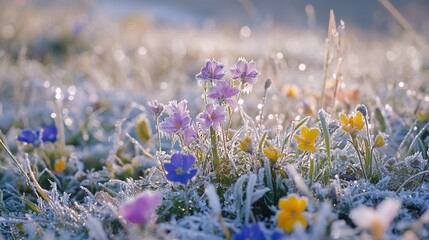 close-up A stunning contrast of colorful wildflowers blooming through the icy grasslands, with frost-covered blades of grass glistening in the sunlight