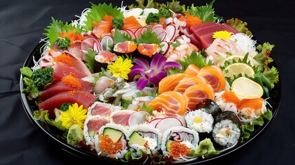 A beautifully arranged plate of sushi is presented. The sushi pieces vary in types, with some being nigiri topped with fresh slices of raw fish like tuna and salmon, and others being maki rolls filled