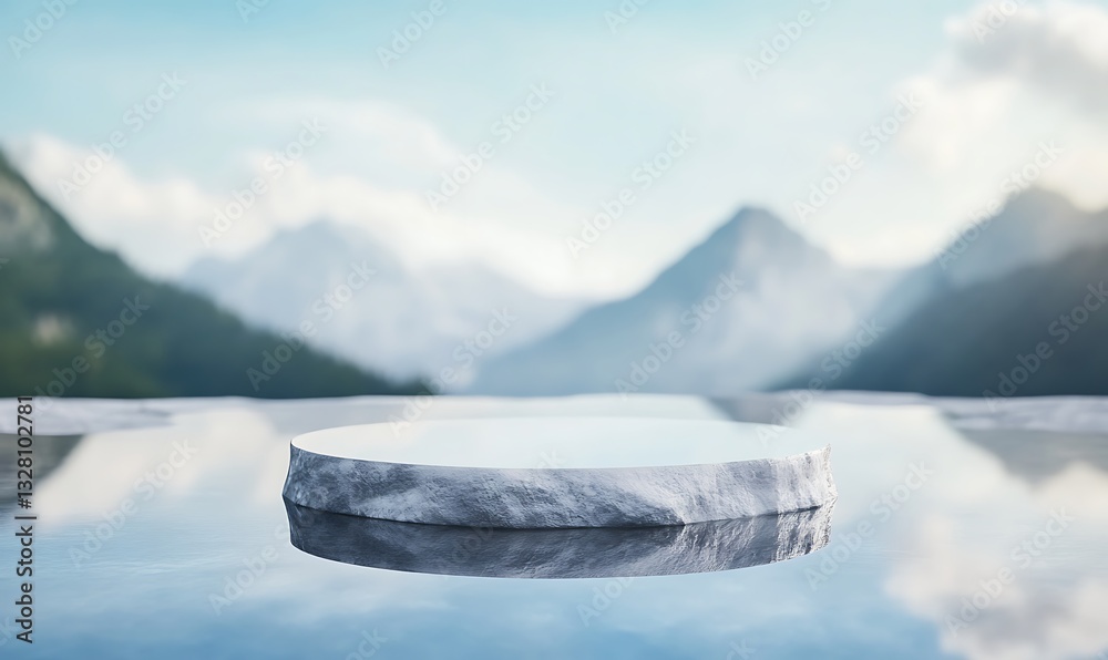 Poster serene landscape with a floating stone above a reflective lake and majestic mountains in the backgro