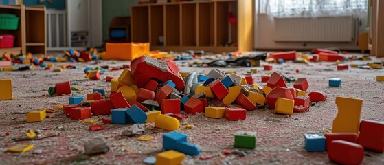 Aftermath of Playtime: Scattered Toys in a Dusty Classroom