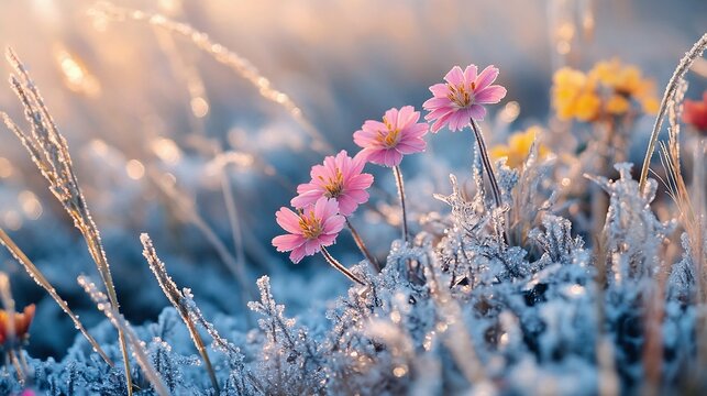 close-up A stunning contrast of colorful wildflowers blooming through the icy grasslands, with frost-covered blades of grass glistening in the sunlight