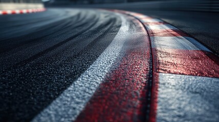 A close-up shot capturing an empty F1 track with wet asphalt, highlighting the vibrant red and white curbing under moody lighting, creating a dynamic atmosphere.