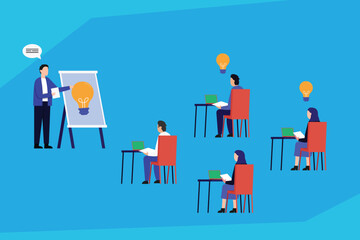 Business Training and Idea Generation — Team Learning and Innovation 2d flat vector illustrations