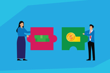 Business Partnership and Financial Collaboration Concept — Puzzle Pieces with Money Symbols 2d flat vector illustrations