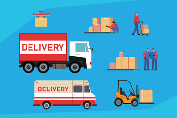 Fototapeta premium Logistics and Delivery Service Concept — Trucks, Drones, and Warehouse Workers 2d flat vector illustrations
