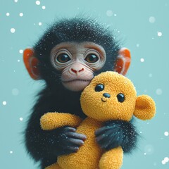 Fototapeta premium Cute Young Monkey Holding Adorable Teddy Bear on Soft Background