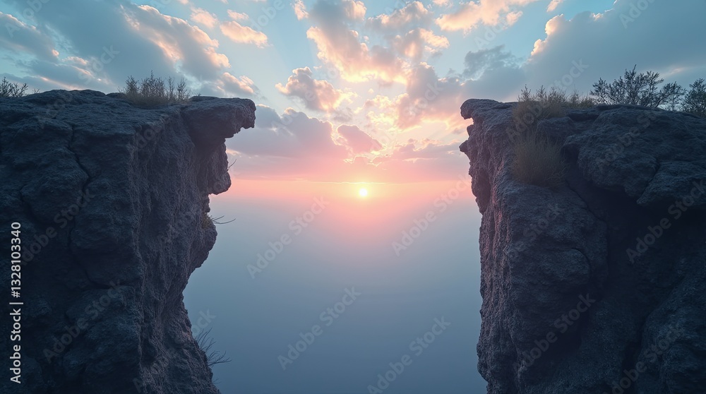 Poster a cliff with a view of the ocean and a sunset