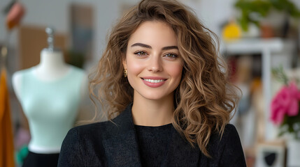 Fashion designer posing proudly in studio creative workspace portrait photography modern environment close-up perspective empowerment concept