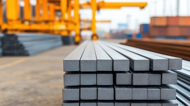 Raising steel or aluminum tariffs as part of a trade war or trade restriction. Steel placed at a port or shipping hub, prepared for export or import between countries.