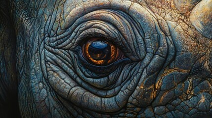 Close-Up of a Rhinoceros Eye:  Grey and Brown Textured Skin, Dark Background