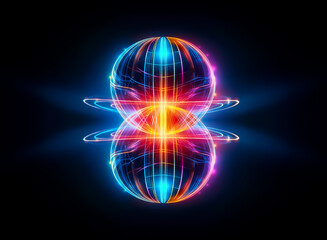 Obraz premium An abstract figure glows with vibrant colors, displaying a symmetrical, futuristic design against a dark backdrop. Lines and dots create a complex, luminous structure, radiating energy and light.