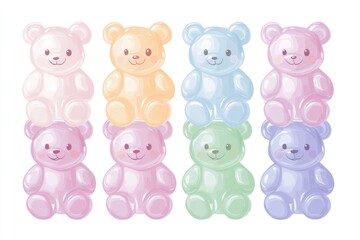 Several colorful gummy bear candies stacked in pairs for display