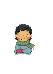 a boy in a close-up illustration wearing mittens and a scarf.