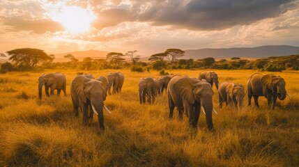 Obraz premium Herd of Elephants at Sunset in African Savanna
