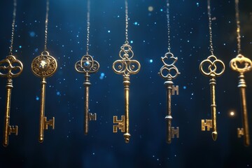 Several ornate golden keys hanging against a dark background with sparkles