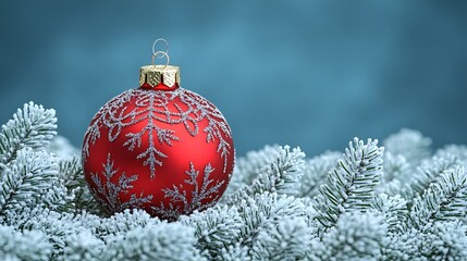 Red Christmas ornament on snowy fir branches.
