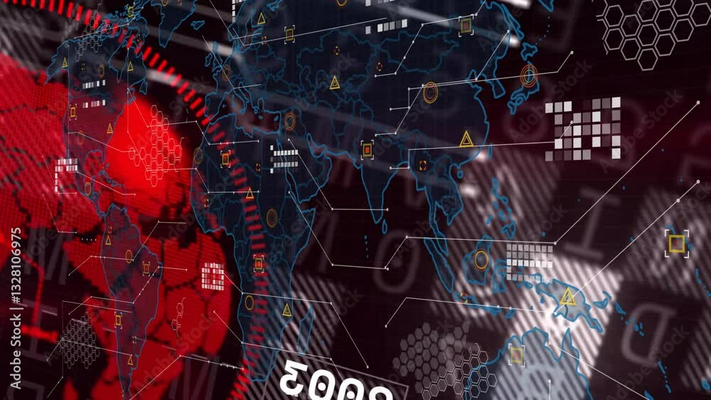 Poster digital map with data processing animation over red and blue abstract background