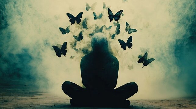 Human silhouette dissolving into butterflies symbolizing emotional transformation