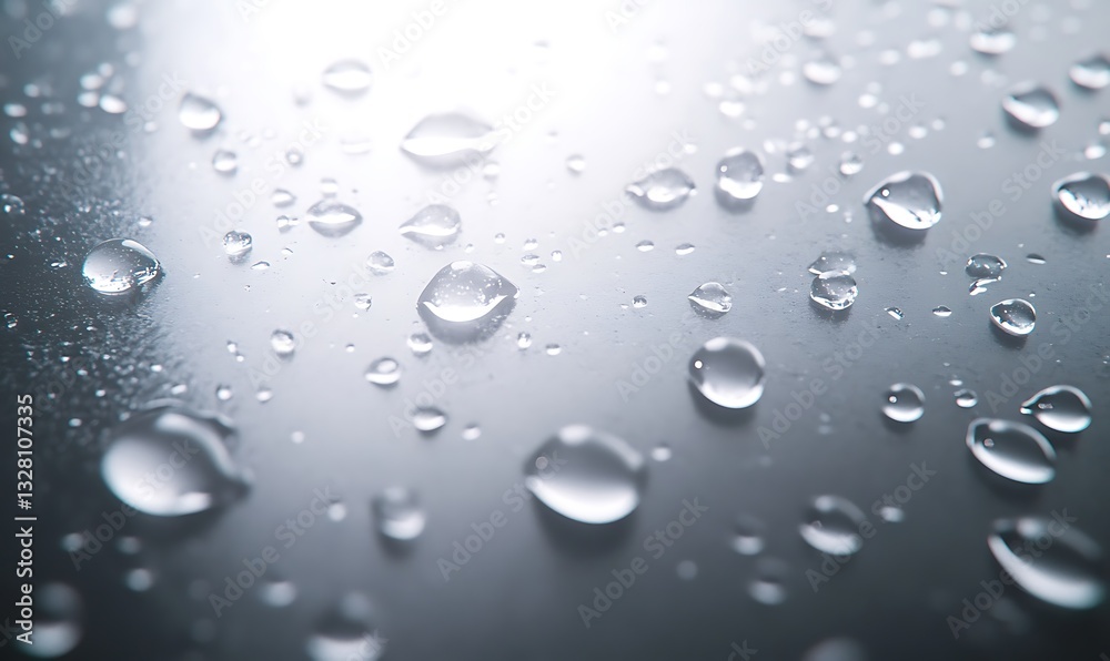 Aufkleber Close-up of water droplets on a reflective surface with soft lighting.