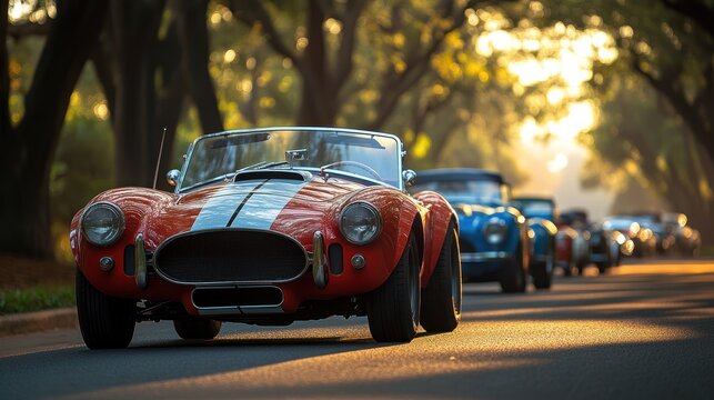 Fototapeta Classic cars drive along tree-lined road at sunset