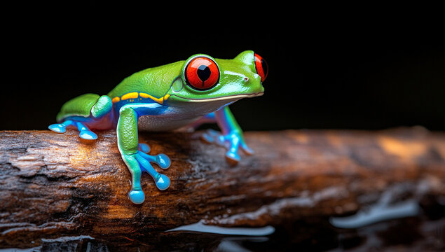 a vibrant red-eyed tree frog perched on the edge of an ancient, dark wooden log against a black background