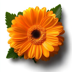 a vibrant orange gerbera daisy in full bloom, centered on a white background, top view, with no shadow or projection