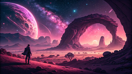 Naklejka premium A Lone Traveler Contemplates A Breathtaking Alien Landscape Under A Vibrant Pink Nebula, A Majestic Stone Arch Framing The Cosmic Spectacle With Deep Purple Hues