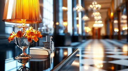 Reflective Table Lamp with Orange Shade in Grand Hall Interior