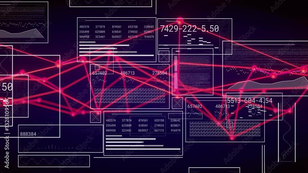 Poster animation of digital data network with red lines connecting information panels