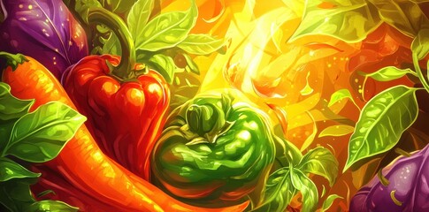 An artistic depiction of various fresh vegetables and vibrant foliage